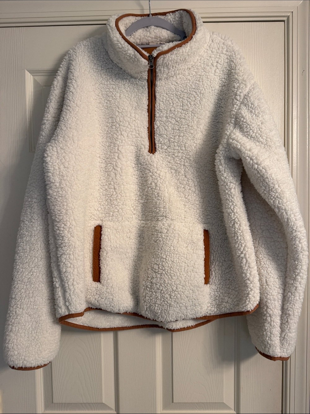 Women's Cream Sherpa Quarter-Zip Pullover with Tan Trim
